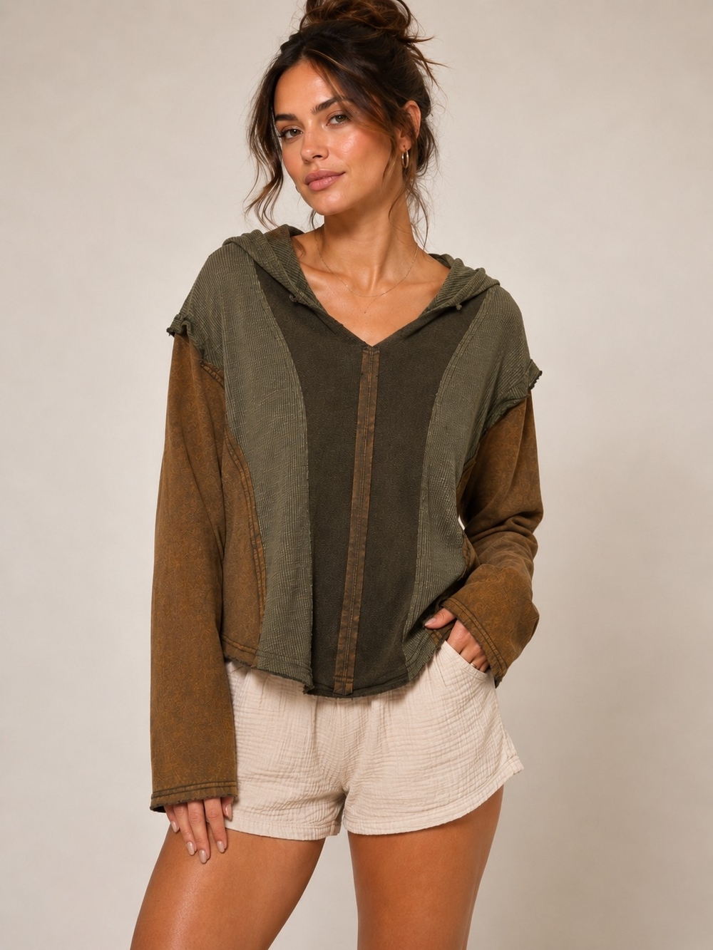 Gimmicks Patchwork Hooded Pullover Top in Olive and Brown Womens MEDIUM